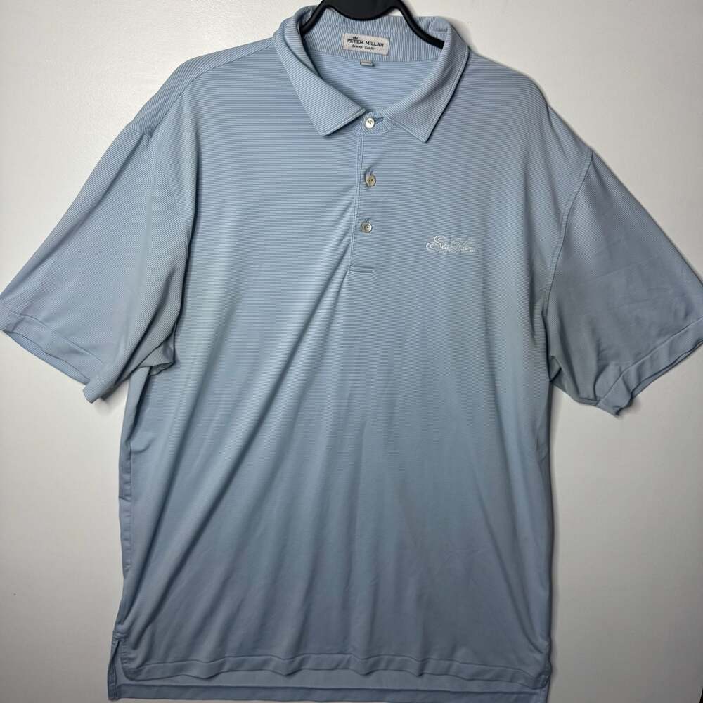 Peter Millar Summer Comfort Sea Island Logo LightBlue Striped Golf L Polo Shirt